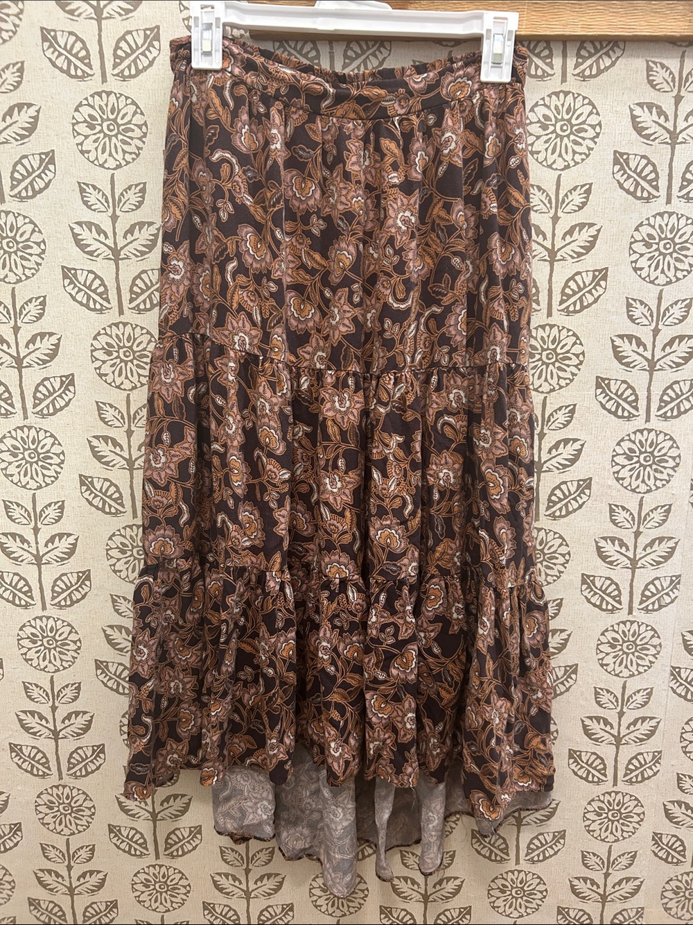 Olivaceous Brown Floral Tiered Maxi Skirt with Tan Accents
